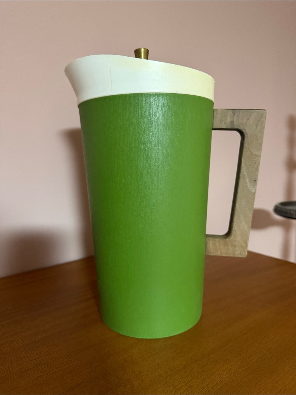 vintage Therm-O-Ware avocado green pitcher with a white lid
